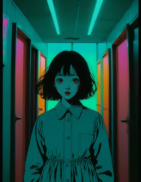 to illustrate、artistry、directed by Junji Ito、Anxietyの立像、nightmarish、Anxiety、double image、high détail, realistic shadow、analog style, vhs style, Film 8mm, Chromatic aberration, DVD Screenshot、Complementary color gradient、Surrealism