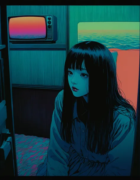 to illustrate、artistry、directed by Junji Ito、Anxietyの立像、nightmarish、Anxiety、double image、high détail, realistic shadow、analog style, vhs style, Film 8mm, Chromatic aberration, DVD Screenshot、Complementary color gradient、Surrealism