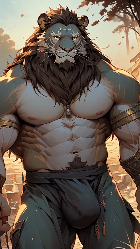 (masterpiece),(highres),(intricate details:1.4),extremely detailed,(illustration:1.2),8k,photorealistic,exquisite,(a great war:1.6),aged,elder male lion ,muscular,(warrior :1.7),(being killed by enemies:1.9),manhood,long hair,long white beard,scar,(badly d...