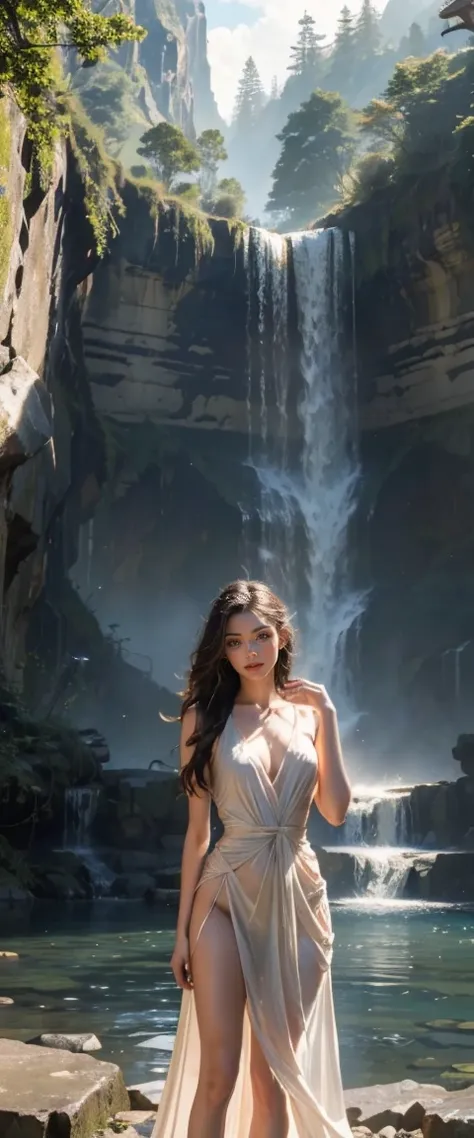 ((masterpiece, best quality, Highest image quality, high resolution, Reality, RAW photos, 8K)), young woman photography of a waterfall with her cell phone, Next to the waterfall, cell phone photography, There is a waterfall, Standing in front of a waterfal...