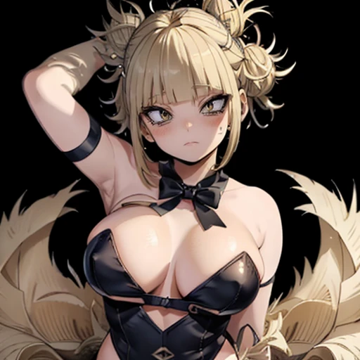 (Himiko toga),(boku no hero academia),(short blonde hair with two messy pulps in the hair),(yellow eyes with cat pupils),(wearing),+,(a sexy bunny outfit that consisted of a larger black strapless one heart decots and showing feathers and super sexy and ti...