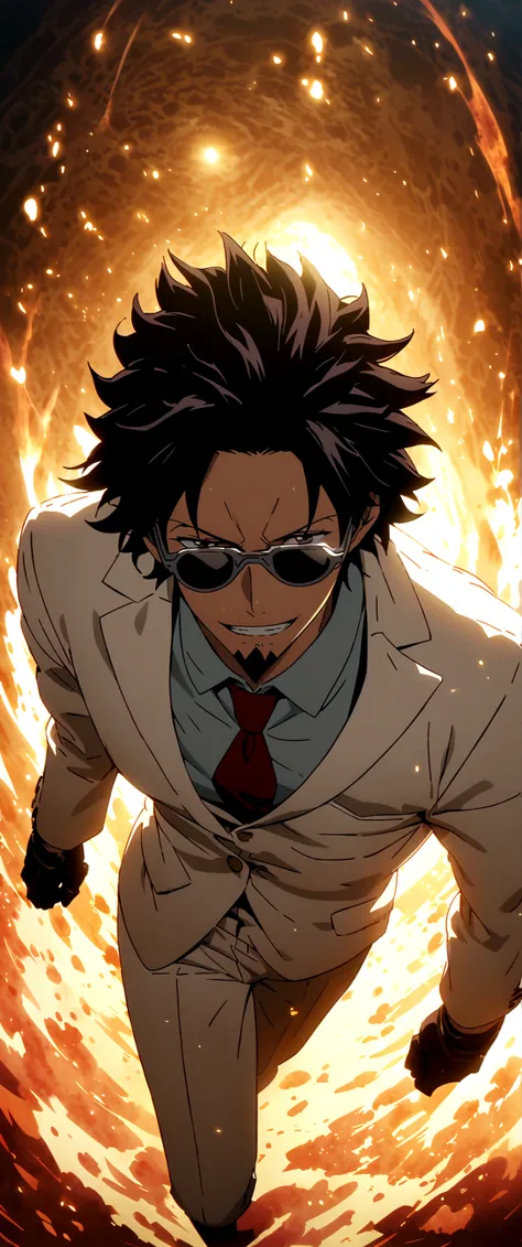 Man,Slim body,Long black hair,White suit,Red tie,Sunglasses,Goatee,Black gloves,Mad scientist smile,Mad Scientist,White mechanical arms,Laboratory setting,One Piece inspired anime lines,Drenched in dramatic,amazing lighting,dramatic lighting,infused with c...