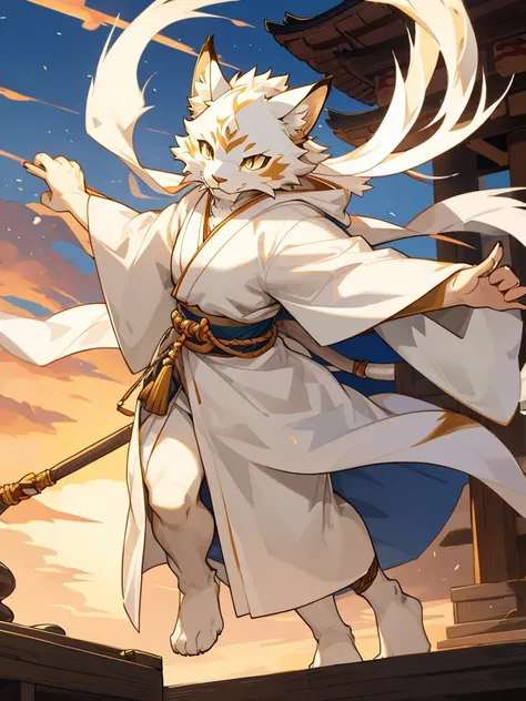 All white Tabaxi who is very fluffy, with a long whip, wearing long japenese styled robes