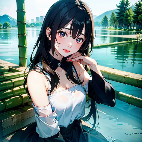 negative space, shuimobysim, Kizi, Woman,bared shoulders, (ecchi0.5), lips, water splash, (trees:0.5), (flowers:0.6) ,(birds:0.2), (bamboo0.1), lakes, Hangzhou, bonian, bonian in background   