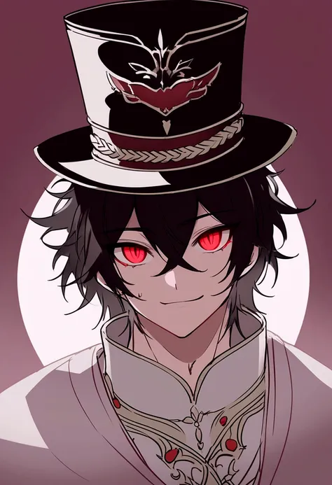 An extremely attractive boy..., with his face covered by a top hat, cheered up style, 4k, semi-realist, detailed, extremely handsome, YOUNG, Red eyes, cheered up style, cheered up, maestro, Chico, sharp eyes, seductive eyes, malicious address 1 man, adult,...