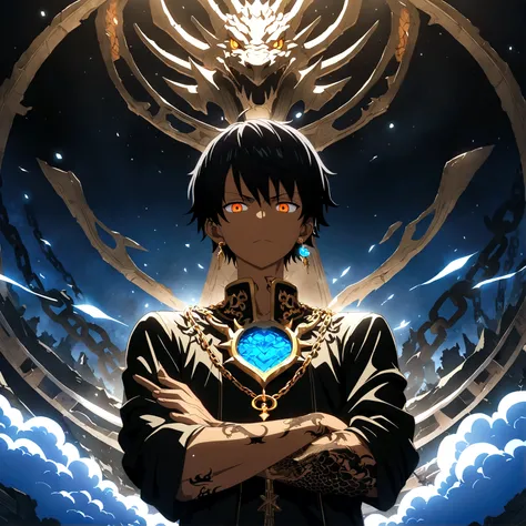  boy, brown skin, short black hair with blue gradient, orange right eye, blue left eye, dragon tattoos all over the body, dragon earring, black coat with dragons, chain with dragon pendant, crossed arms, arrogant expression, "One Piece-inspired features, f...