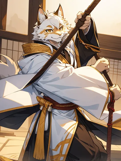 white colored fur Tabaxi mein coon, man, who is very fluffy, with a long whip, wearing long japenese styled robes