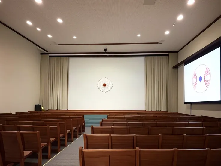 A typical funeral hall in Japan, White wall, curtain,The screen in the center, Symmetrical, Hinomaru composition, Flowers