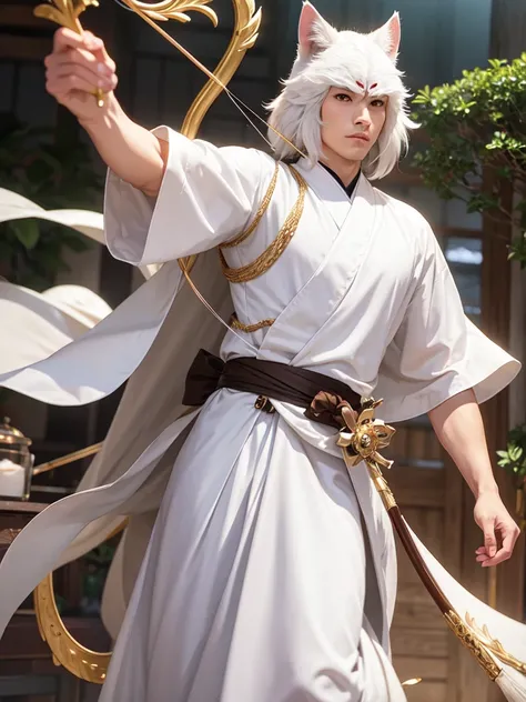 white colored fur Tabaxi mein coon, man, who is very fluffy, with an elegant bow and arrow, wearing long japenese styled robes