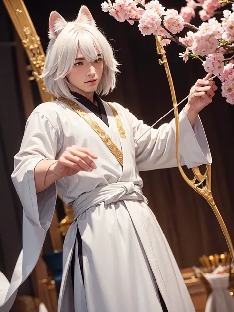 white colored fur Tabaxi mein coon, man, who is very fluffy, with an elegant bow and arrow, wearing long japenese styled robes