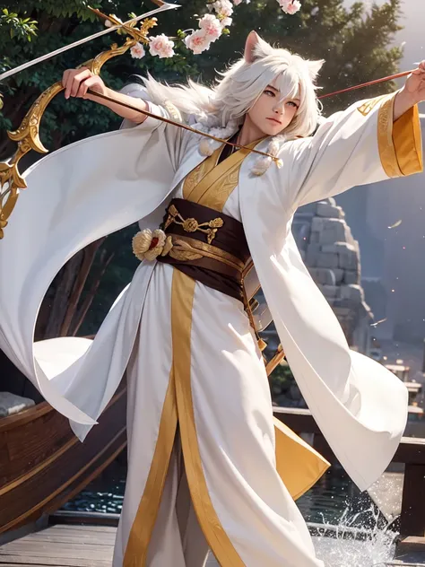 white colored fur Tabaxi mein coon, man, who is very fluffy, with an elegant bow and arrow, wearing long japenese styled robes