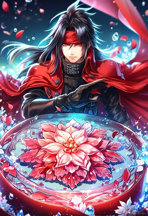 Ultra detailed, HDR, Highres, absurdres, master piece, Vincent Valentine, black long hair, expressive red eyes, red headband, red cape, black leather clothes, Final Fantasy VII Remake, red ice, petals, red ice flowers, man, solo, handsome, glittering, red ...