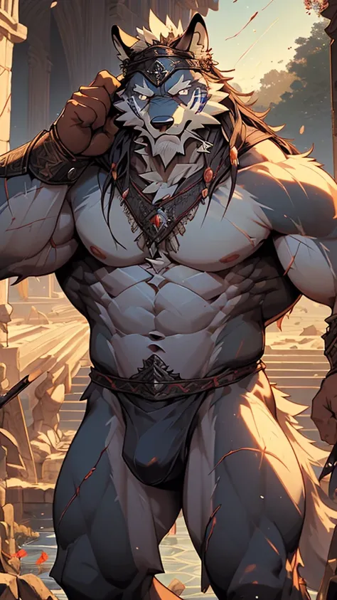 (masterpiece),(highres),(intricate details:1.4),extremely detailed,(illustration:1.2),8k,photorealistic,exquisite,(a great war:1.6),aged,elder male wolf,muscular,(warrior :1.7),(being killed by enemies:1.9),manhood,long hair,long white beard,scar,(badly da...