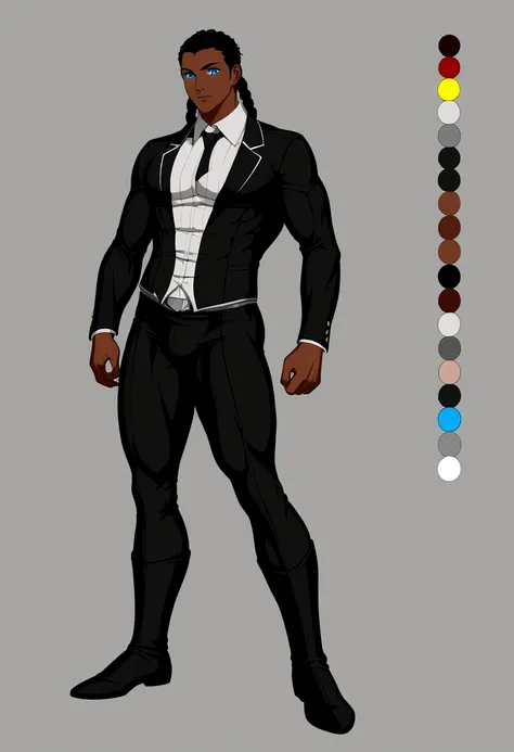 Black boy, dark skin, long black braids, highlighted blue eyes, handsome and detailed, streetwise clothes.  ((detailed)) ((concept art)) ((best quality)).