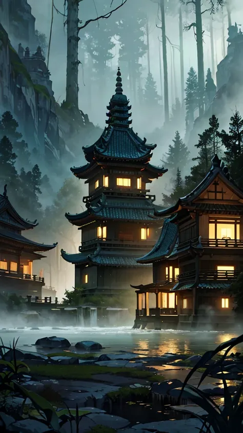 Create a scene of an ancient temple complex situated deep within a dense, foggy forest. The temple buildings are traditional with sloping roofs and intricate designs. The area is experiencing heavy flooding, with turbulent waters flowing through and around...