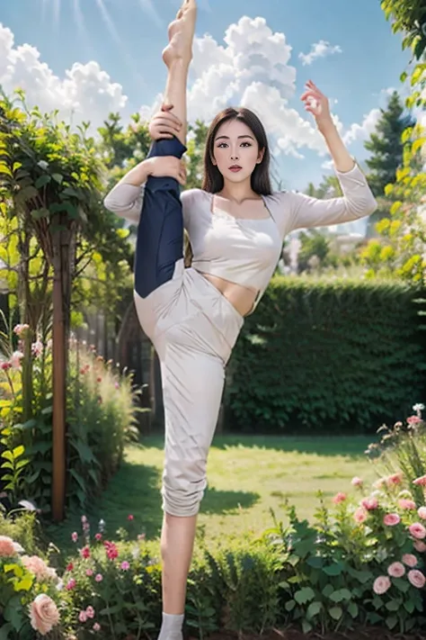 1 girl,one-leg stand,leg lift,socks,腿socks,underwear,garden,flowers,blue sky,looking at the audience,photopractical,practical,so...