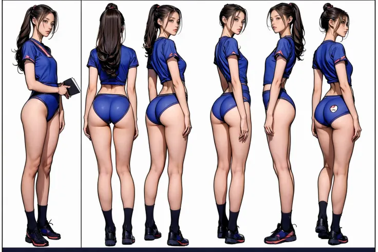 ((masterpiece)),(((Highest quality))),((Reference Sheet, Character Design, front, Rear view, Side view, Mr.々Hairstyle, Facial Expressions)), 14-year-old girl, Cute type,  (Very slim:1.4),  (Very small ass:1.4), Realistic buttocks, Medium Milk, Short Bob,Si...