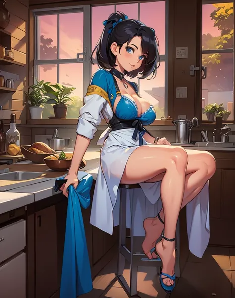 best qualityer, work of art, ultra high resolution, A woman is in the kitchen sitting on the counter, the woman looks like a milf and has large, full breasts, she is sexy and wears an apron, the setting is a well-lit kitchen, in the home kitchen, (Perfect ...