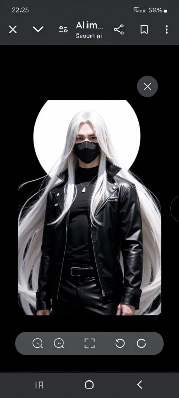 Manga style male character with long white hair along with a black mask that goes from his chin to his nose with a black shirt