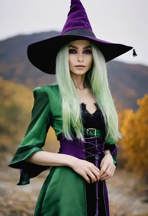 A pale green skin beautiful female witch woman half goblin half human half upper body dark purple clothes