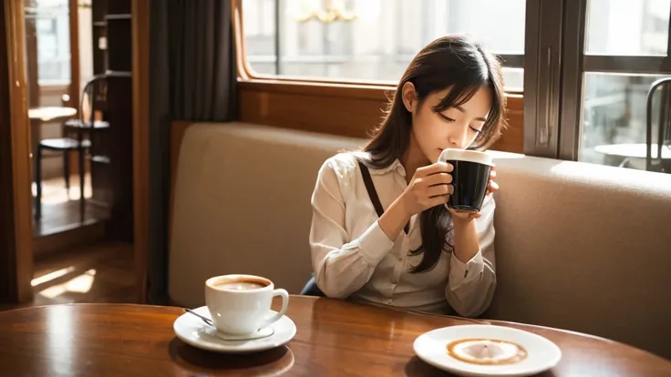 Woman drinking coffee in an elegant cafe in the morning、Cat sleeping beside