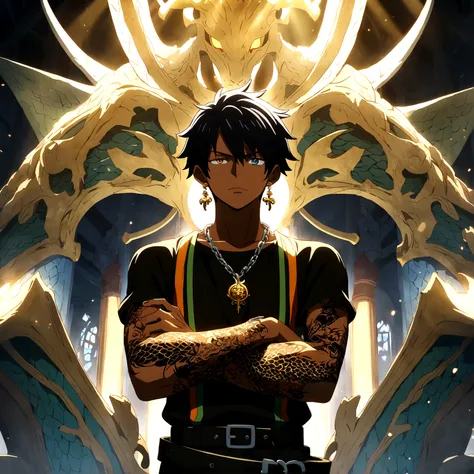 young boy, brown skin, short blue-black hair, orange right eye, blue left eye, dragon tattoos all over his body, dragon earring, black clothes with dragons drawn on them, chain with dragon pendant, crossed arms, arrogant expression, "One Piece-inspired fea...