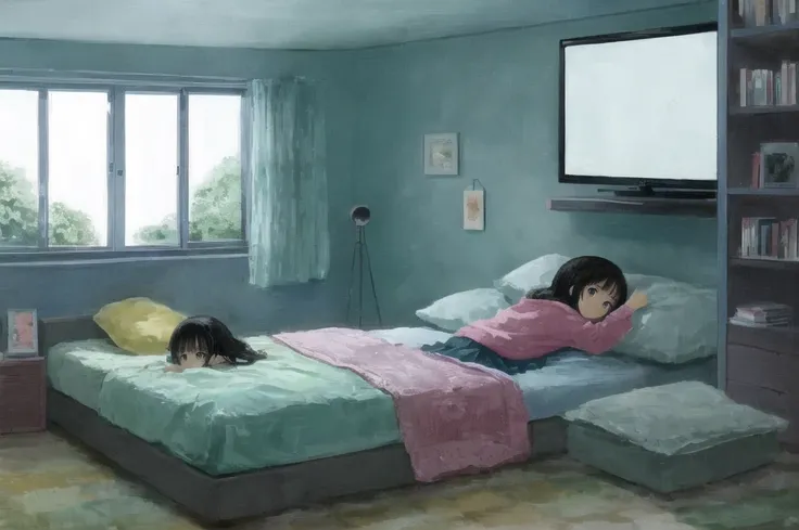 A little girl is lying on the bed watching TV，illustration，Floor-to-ceiling windows, interior furniture, TV-level comics，Miyazaki style，