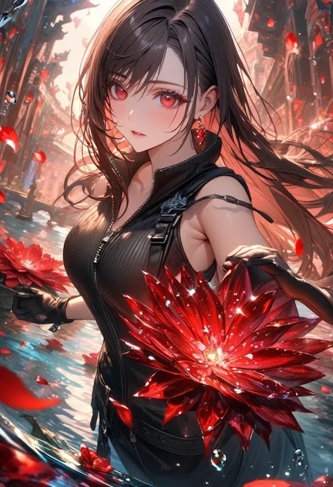 Ultra detailed, HDR, Highres, absurdres, master piece, Tifa Lockhart, black long hair, expressive red eyes, black leather shirt, Final Fantasy VII (Advent Children), red ice, petals, red ice flowers, solo, woman, extremely beautiful, glittering, red glass,...