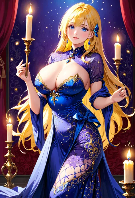 (( straight face picture )) ((best quality)),  ((Masterpiece)), (details), Young woman , yellow hair , Dirt. , blue eyes ,Blue purple set, gold pattern  , Magician , The dress is very beautiful. ,long dress ,big breasts ,Big butt ,red background ,curtain ,...