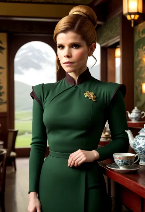 dragon lady outfit (Kate Mara), classic make up, classic flirting, lavish tea house