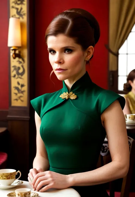 dragon lady outfit (Kate Mara), classic make up, classic flirting, lavish tea house