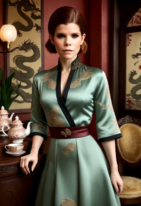 dragon lady outfit (Kate Mara), classic make up, classic flirting, lavish tea house
