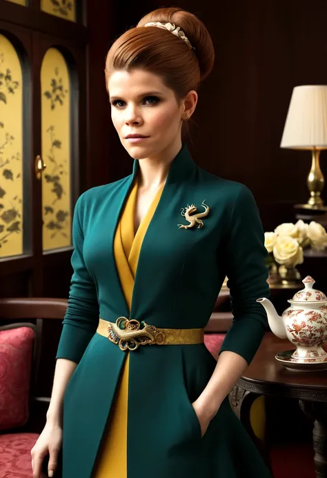 dragon lady outfit (Kate Mara), classic make up, classic flirting, lavish tea house
