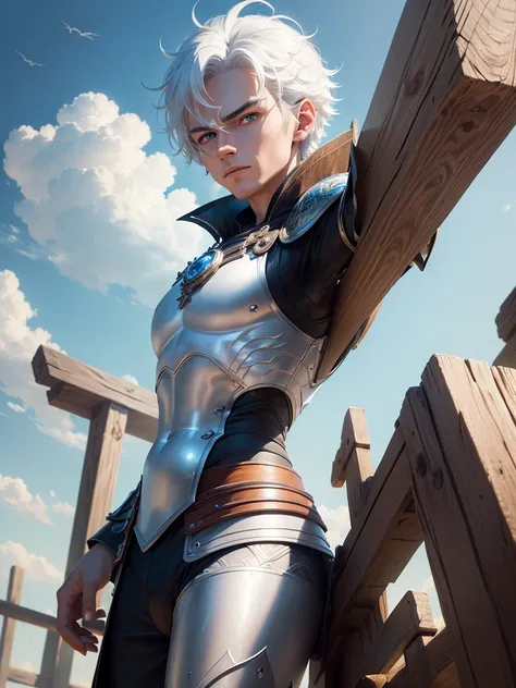 masterpiece, best quality, (extremely detailed CG unity 8k wallpaper, masterpiece, best quality, ultra-detailed, best shadow), (detailed background), (beautiful detailed face, male 25 years old, short white hair, warrior characteristic, light blue eyes, bl...