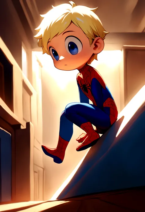 Image of a boy dressed as Spider-Man in Pixar format, Hes the little baby, smart, Attentive and super charismatic, hair blonde 