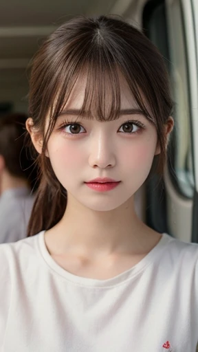 Always detailed CG Unity 8k wallpaper, Highest quality, Very detailed, masterpiece, Realistic, Photo Real, Very detailedかわいい女の子, Age 25, (Wearing white cotton fabric) , (blush) , Round eyes, The audience watching, Cowboy Shot , Inside the Shinkansen, , Par...