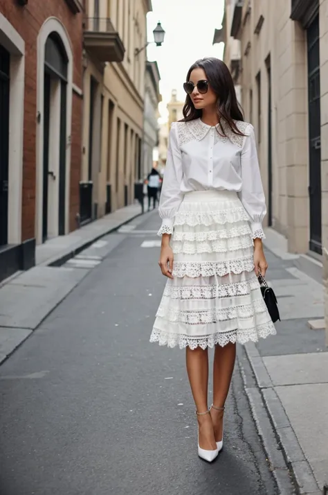 Create a woman dressed in a skirt made of white lace and several ruffles