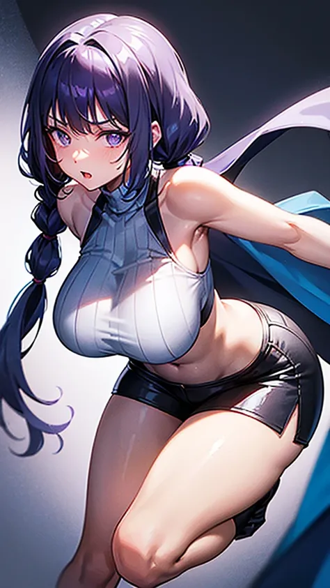 1girl, plus size, dark purple hair (long) (pigtails) (dark blue tips), lightly tan skin color, light blue eyes (glowing), wearing sleeveless turtleneck (blue), shorts (black), stockings (long) (purple), cape (waist length) (purple), absurdres, high res, ul...