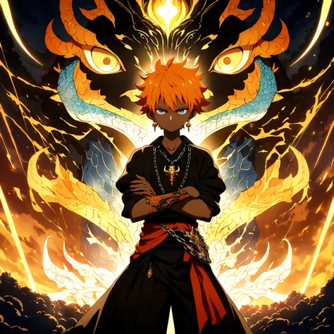 Young boy, childlike appearance, brown skin, short orange hair with blue gradient, orange and blue eyes, dragon tattoos all over the body, dragon earring, black clothes with dragons drawn on them, chain with dragon pendant, crossed arms, arrogant expressio...