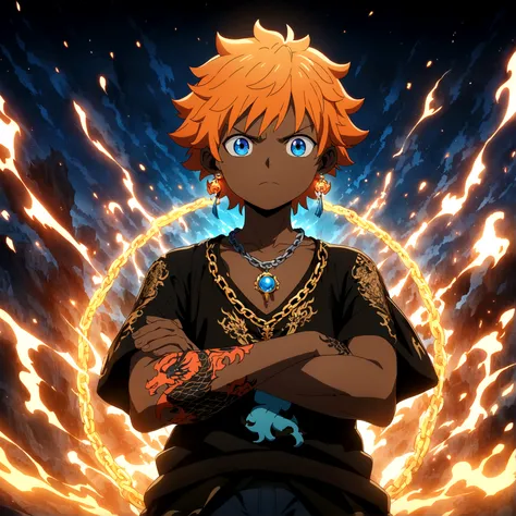 Young boy, childlike appearance, brown skin, short orange hair with blue gradient, orange and blue eyes, dragon tattoos all over the body, dragon earring, black clothes with dragons drawn on them, chain with dragon pendant, crossed arms, arrogant expressio...