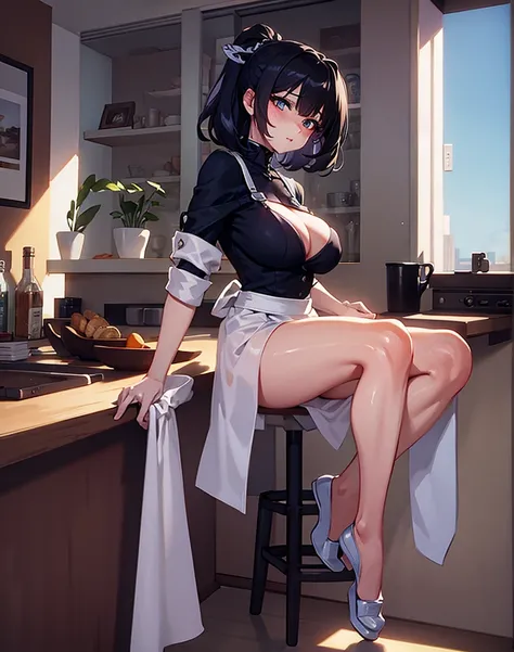 best qualityer, work of art, ultra high resolution, A woman is in the kitchen sitting on the counter, the woman looks like a milf and has large, full breasts, she is sexy and wears an apron, the setting is a well-lit kitchen, in the home kitchen, (Perfect ...