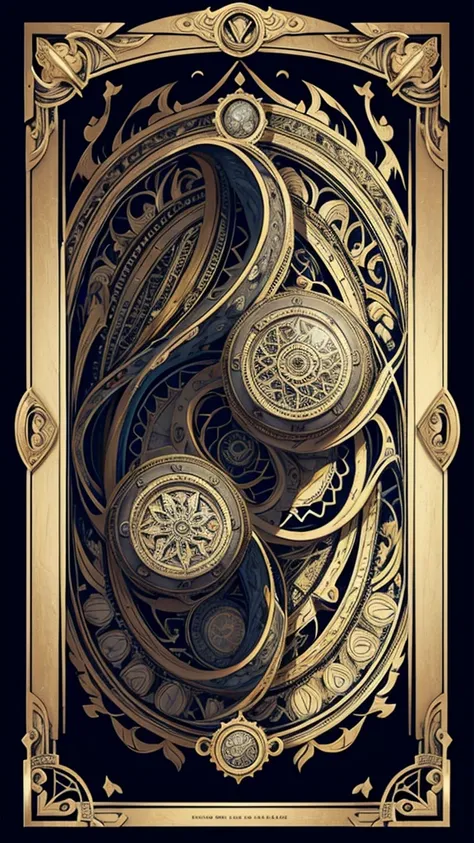 full page ,with many lines and ornaments, extremely detailed many layers, old card design, symmetrical design, mandala arabesque style, old design on old papar, full page, elegantism, lulls the clockwork hearts art print with frame, in the style of detaile...