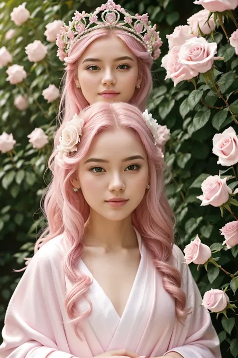 White skin girl, with pinkish hair and small waves, with pink lips and a small face, dressed in a white robe and a crown, in a garden of pink roses