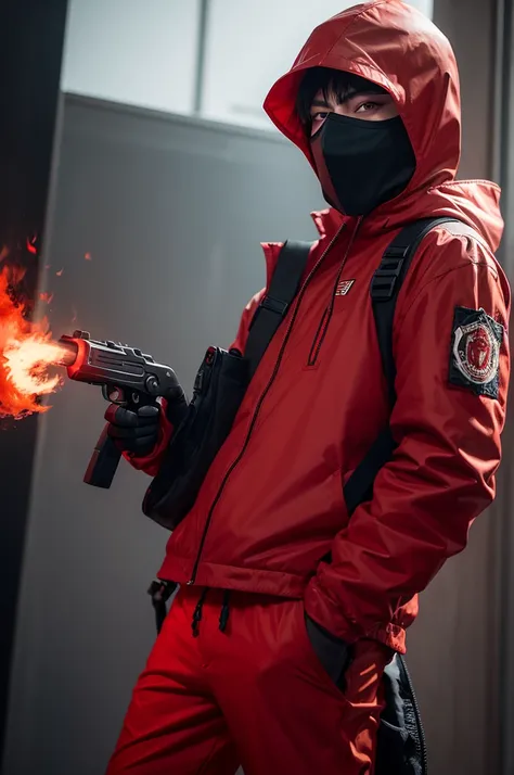 masculine,red glowing eyes, wear red clothes,red shorts,Mask covering the red face, Holds a gun in his hand, hand on fire