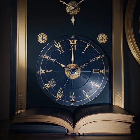 Grimoire book with elements of time,clock logo, dominant dark blue color, yellow, more luxurious,with time element around it