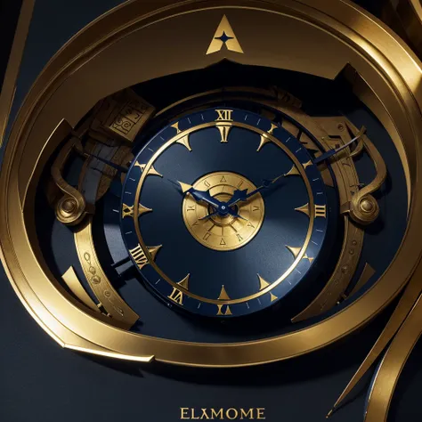 Grimoire book with elements of time,clock logo, dominant dark blue color, yellow, more luxurious,with time element around it