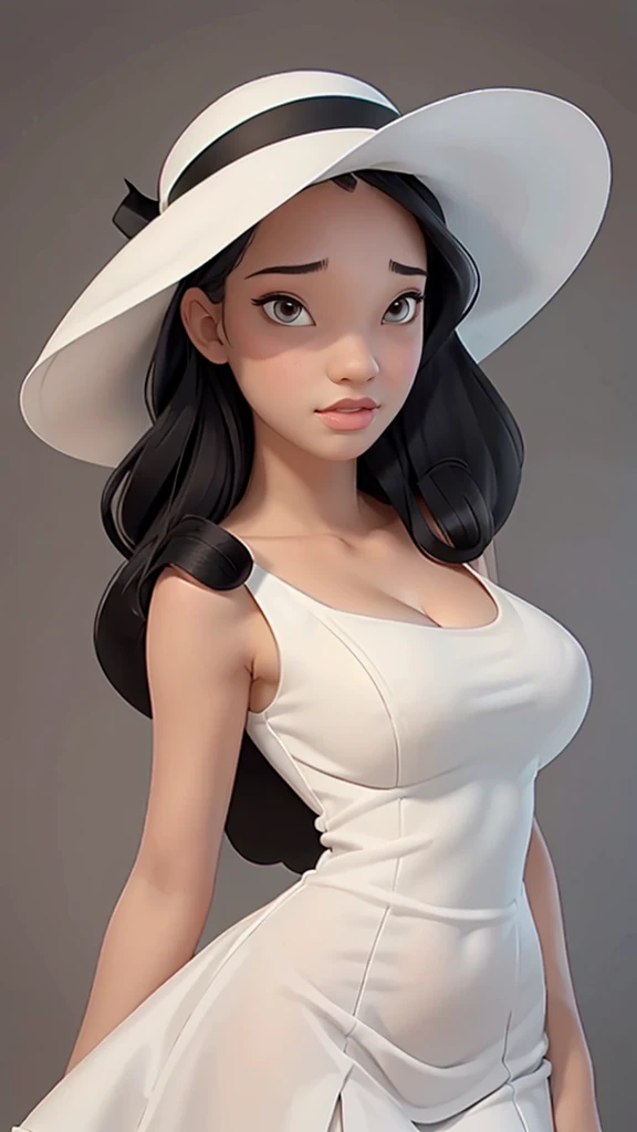 (best quality, masterpiece, perfect face) black hair, 18 years old pale girl, big bust, white sundress, big white hat
