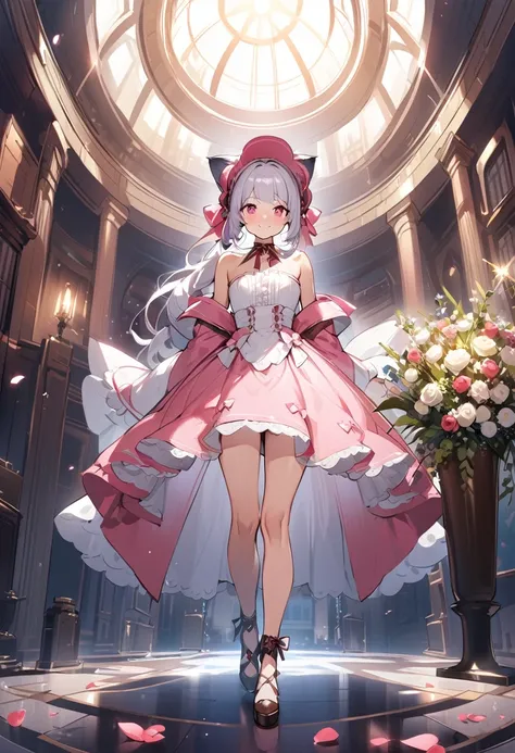 Chattotori， 1girll， pink sleeve， solo，Cat ears， Long ponytail，Gorgeous cake dress， full bodyesbian，adolable， a skirt， looking at viewert， shift dresses， exposed bare shoulders， Bare legs， Beautiful detailed eyes， Be red in the face， standing on your feet， ...