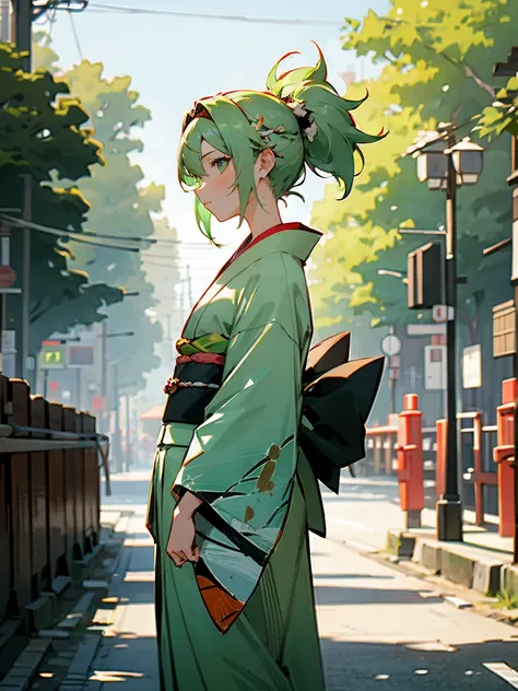 1female, light green hair, messy hair, headband, kimono, street, trees, day