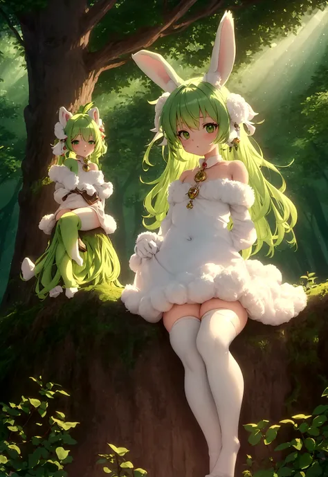 Highest quality, masterpiece, Ultra-high resolution, Fluffy fur overall, Bunny-like ears, tail, limbs are short, Anime Style, The hair tips are light green, Small enough to sit on an adult&#39;s shoulders, Sunlight filtering through the trees, Fantasy, in ...